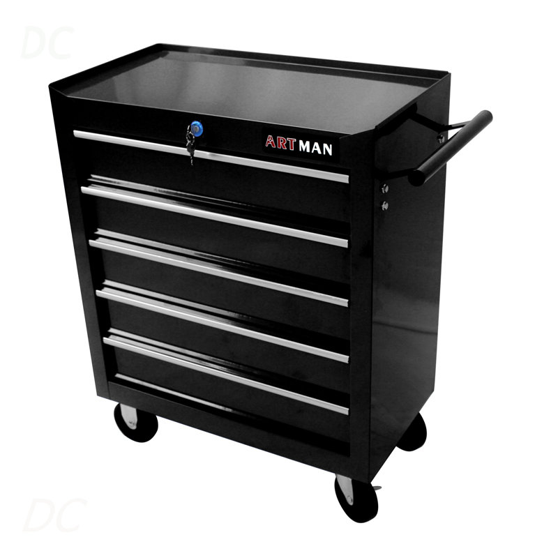 Coffre à outils 5 tiroirs, armoire de rangement pour outils pour le garage avec 4 roues et système de verrouillage, noir, buffet