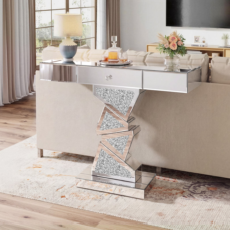 Console moderne de 101 cm (39,7 po) avec miroir et tiroir, table glamour à motif diamant pour entrée, table de couloir en verre argenté, table d'appoint étroite pour salon, piètement triangulaire empilé