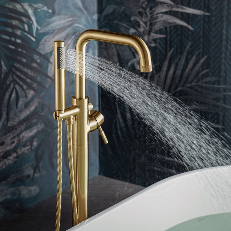 Robinet de baignoire autoportant monocommande à fixation au sol avec douchette, Or brossé