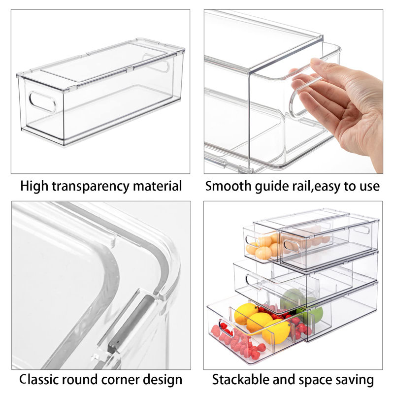 Set Of 3 Stackable Refrigerator Organizer Bins Pull-Out Drawers For Fruit And Veggies Divided Storage Organizer For Fridge Clear Drawer Containers With Handle For Produce Saver, Eggs, Snackc