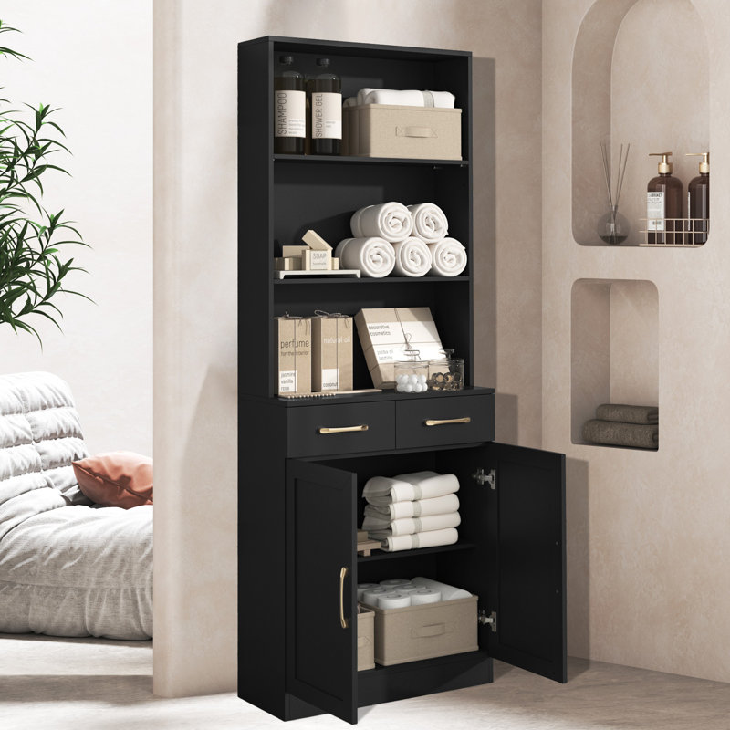 Tall Freestanding Bathroom Storage Linen Cabinet With 3 Layer Open Shelf,2 Doors And 2 Drawers, Adjustable Shelf, Black