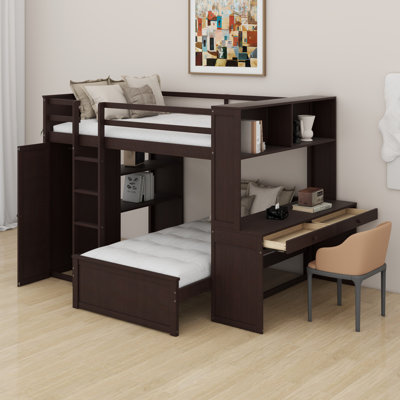 Loft Bed With A Stand-Alone Bed, Shelves,Desk,And Wardrobe
