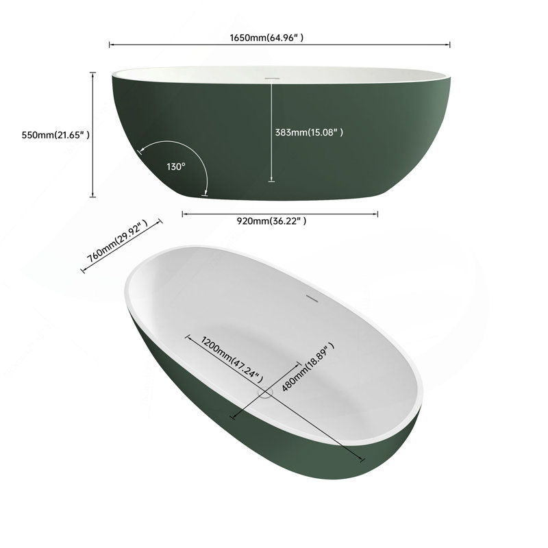 65" Premium Solid Surface Deep Soaking Bathtub, Matte Green