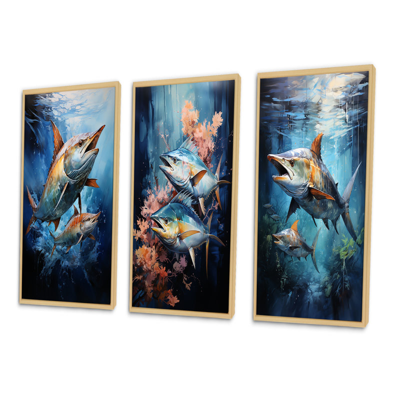 " Fishing Majestic Marlins Jumping " 3 - Pieces, Natural Framed, 32" H x 48" W