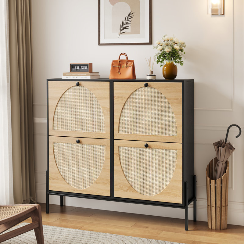 Armoire à chaussures en rotin peu encombrante avec 4 portes rabattables - Rangement étroit élégant pour les entrées et les couloirs