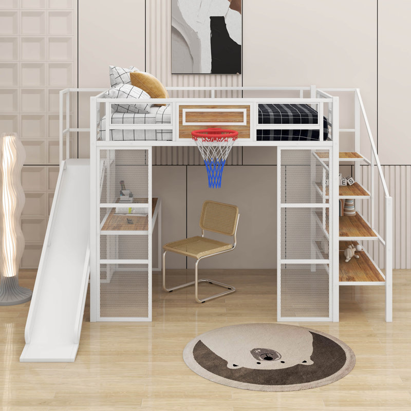 Lit mezzanine double en métal avec bureau, glissade et escalier, Blanc