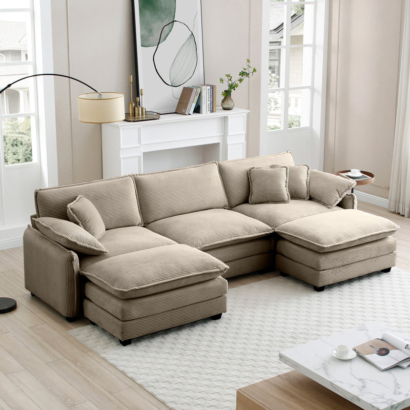 Oversized Modular Cushioned Sofa With Conversible Ottoman, Camel, 33.85" H x 115.34" W x 34.25" D