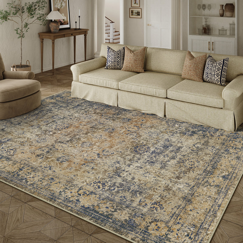 Velusha Oriental Performance Machine Washable Brown/Blue Area Rug, Rectangle 6' x 9'