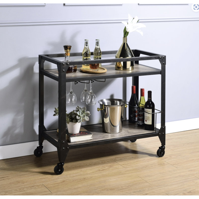 Chariot de service au fini gris anthracite avec caractère de chêne rustique - plateau spacieux pour recevoir et étagère en bois