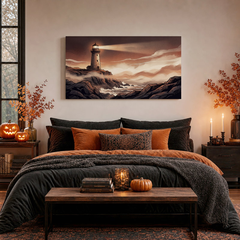 Tableau sur toile d'Halloween représentant un phare brillant sur la côte rocheuse, L 32 po x H 16 po