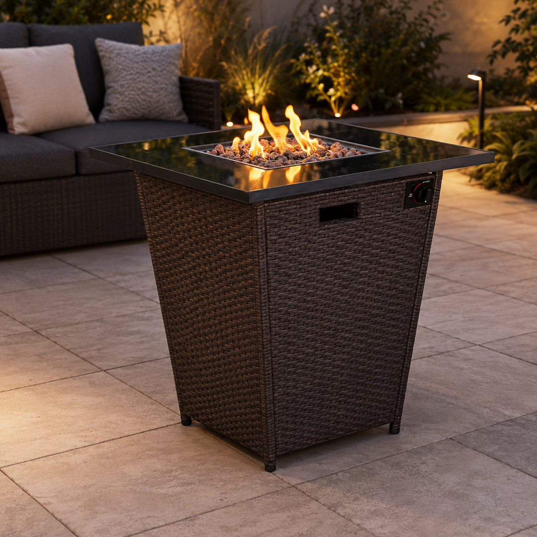 Teamson Home Espresso Rattan Effect Gas Fire Pit Table 76cm for Garden Patios with Lava Rocks and PVC Cover, Brown Steel Square Propane Burner - Image 4