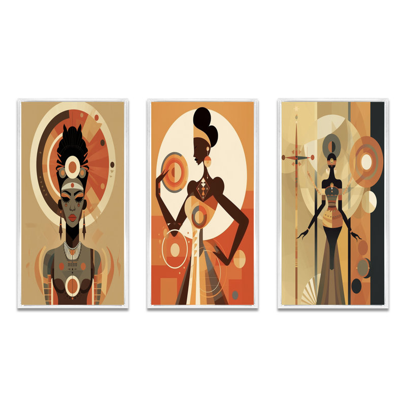 «Déesse africaine graphique rétro dans les tons de terre I», 3 pièces, Cadre flottant blanc, H 36 po x l 28 po