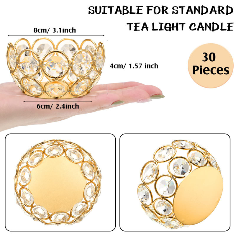 30 Pcs Tea Light Candle Holders Votive Candle Holders Crystal Tealight Holder Bowl Candle Stands Decorative Jewel Candle Centerpiece (Gold)