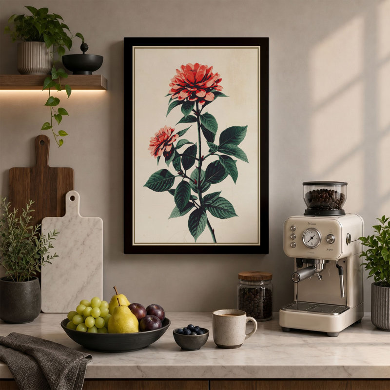 Coral Roses in Bloom Botanical - Wrapped Canvas, 30x20 - 76.2 x 50.8 cm, Sage Border