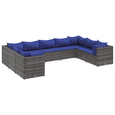 Ensemble de salon de patio 10 pièces avec coussins en rotin de polyester noir