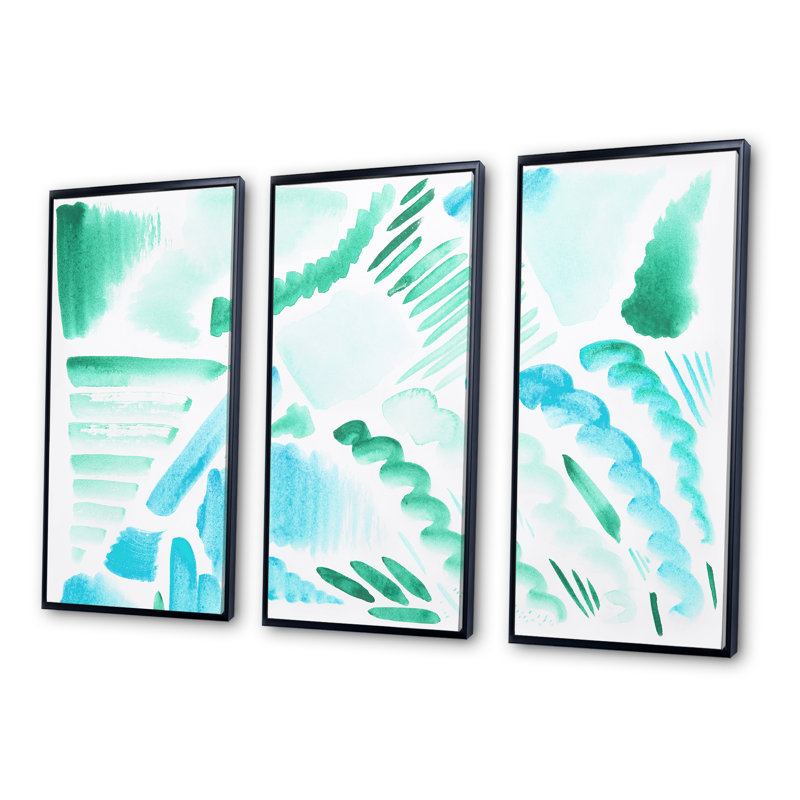 Éléments graphiques rétro en bleu et vert I - ensemble d'art mural moderne sur toile encadrée 3, H 28 po x l 36 po x P 1 po