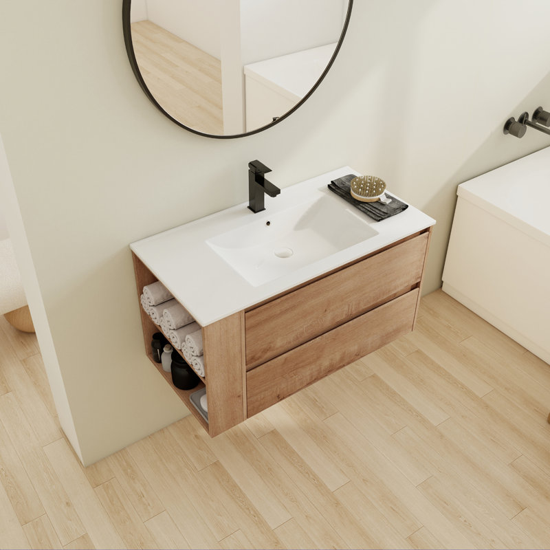 36 " W Wall Mounted Wall Mounted 1 Single Vanity Bathroom Vanity With Ceramic Top, Imitative Oak