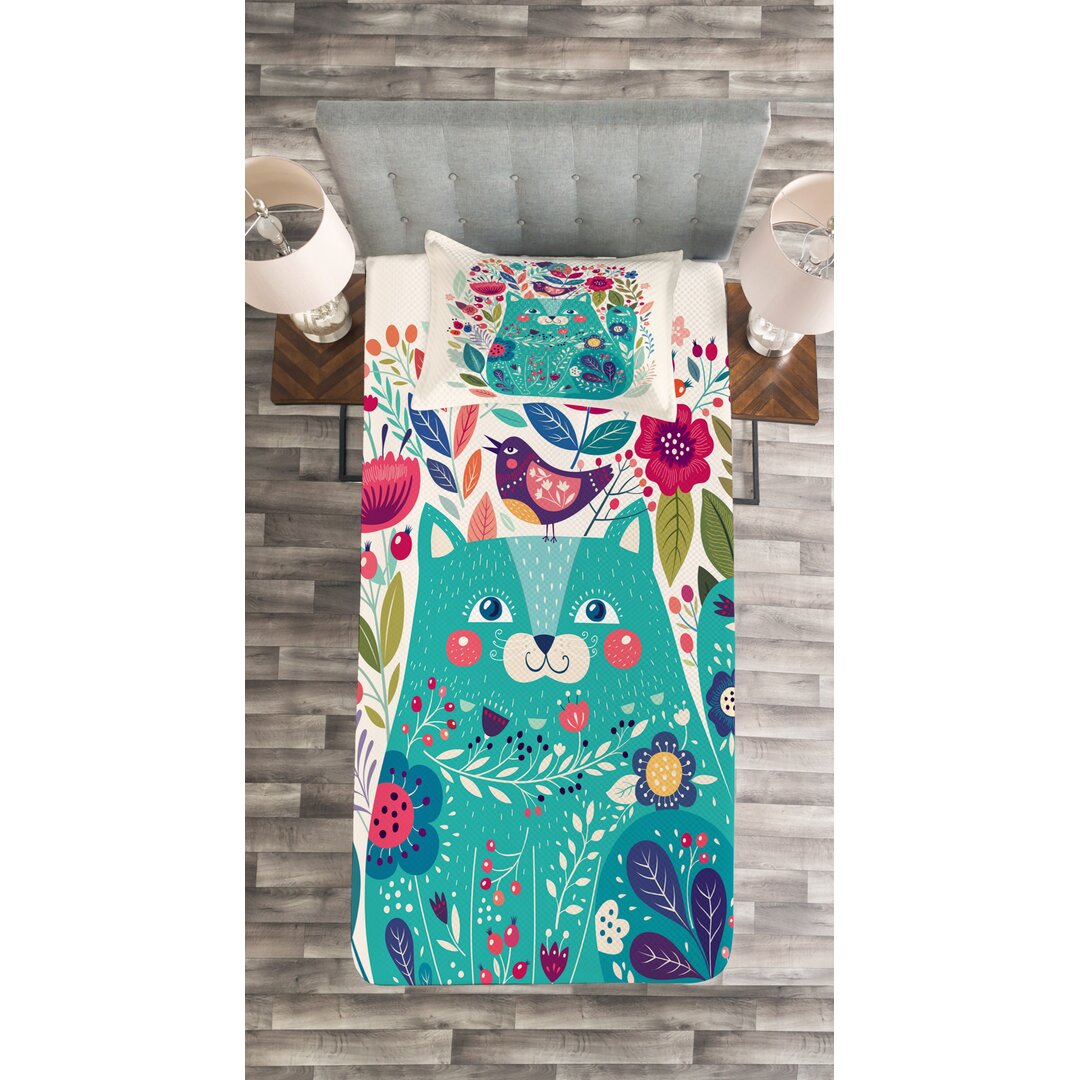 Gestepptes Bettdecken-Set, Kitty mit Blumen und Vogel, Katze, Seafoam Mehrfarbig