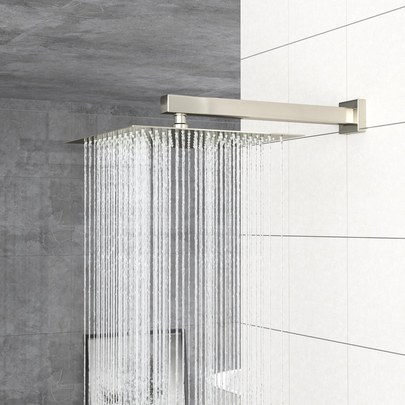 Douche en nickel brossé avec tête double - fixation murale carrée de 10 pouces, valve, pluie et système de poche, équilibrée
