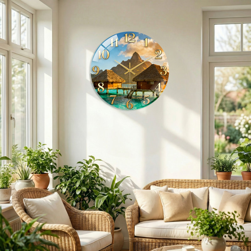 «Tropical Paradise», horloge murale décorative moderne en verre 15,7 po, 40 x 40 cm (15,7 x 15,7 pouces)