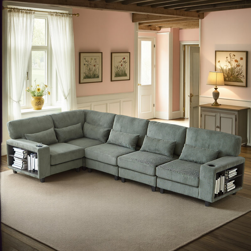 Canapé modulaire en velours côtelé avec rangement et porte-gobelets, Tissu vert