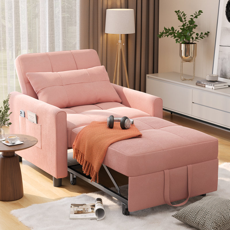 Pink Linen Blend Convertible Accent Recliner Chair with Pillow