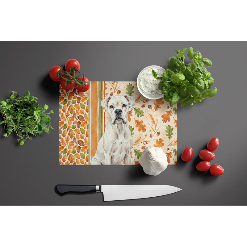 White Boxer Heirloom Fall Glass Cutting Board