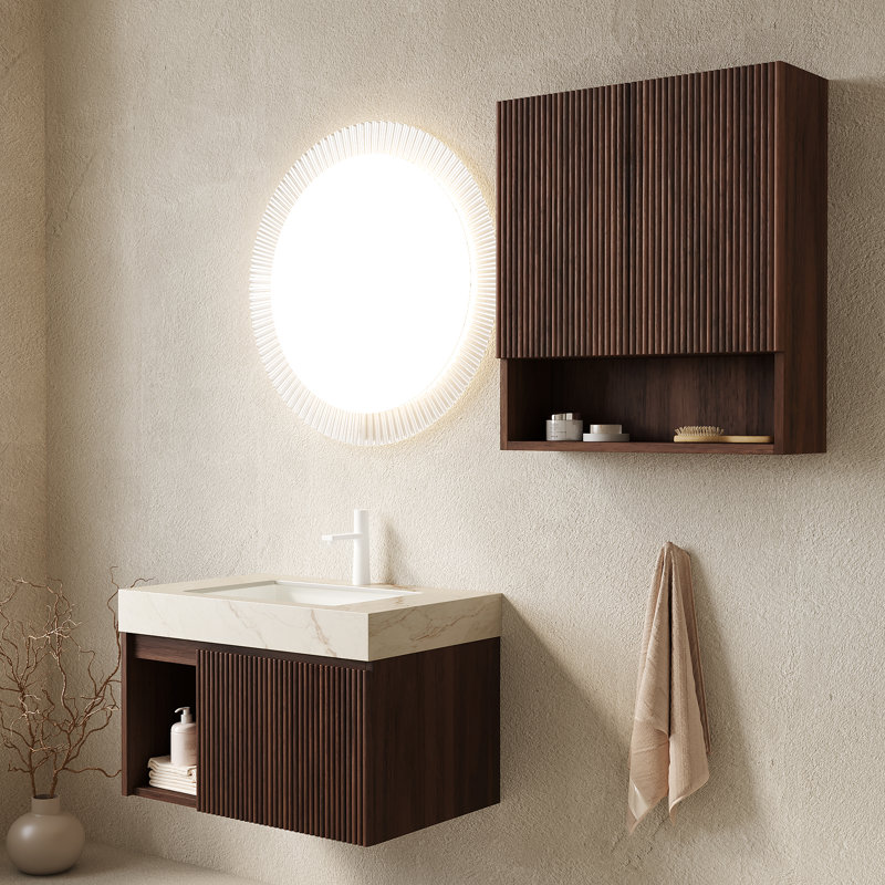 Ensemble combiné EIDEN 30 + TOBI 26, meuble-lavabo mural pour salle de bain, plateau en pierre frittée Cal Vein, lavabo en céramique, 1 trou de robinet pré-percé, robinet et drain exclus, couleur grain de bois naturel