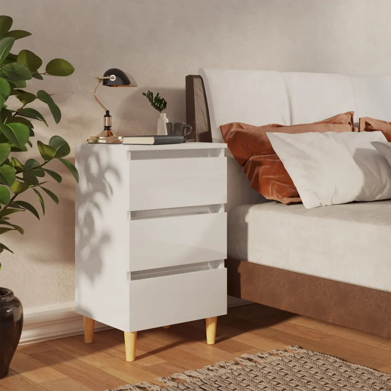 Solihull Bed Cabinet with Solid Wood Legs, High Gloss White, 1