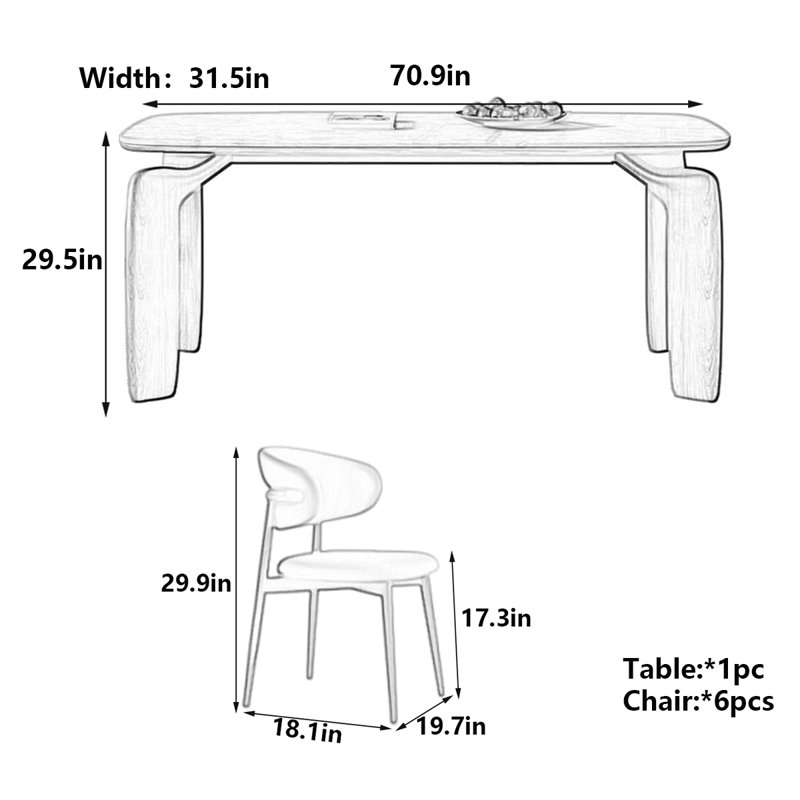 Modern Nordic Rectangular Dining Table, 29.5"H x 70.9"L x 31.5"W
