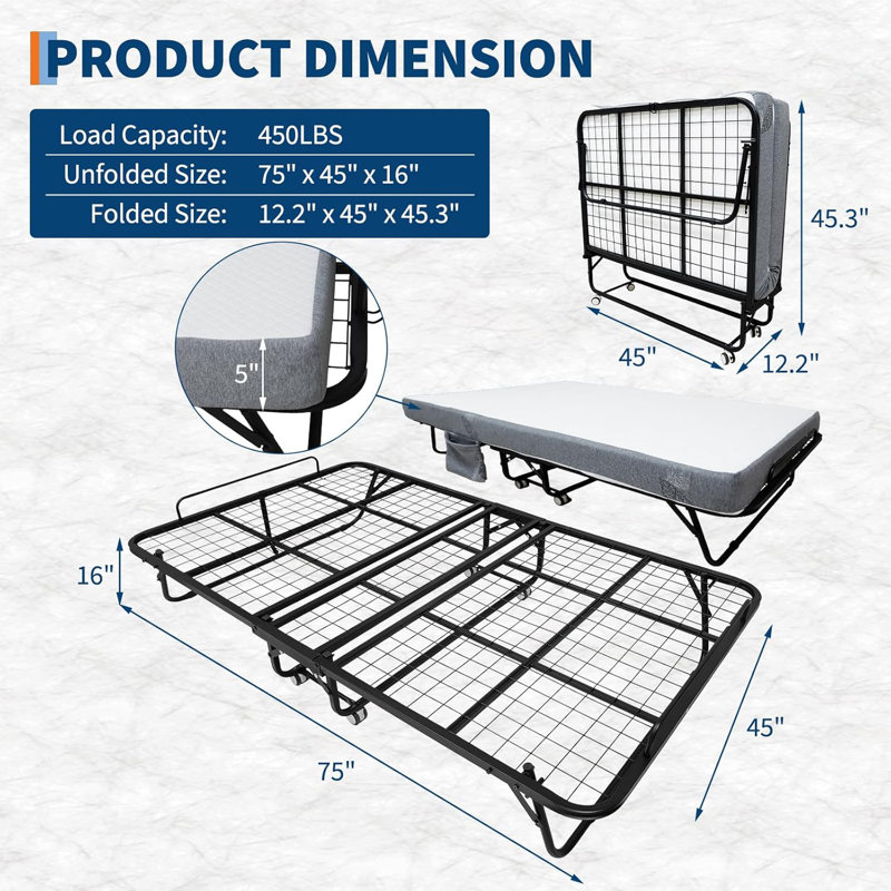 Folding Bed with Mattress for Adults - Sturdy Metal Frame Supporting 450 Lbs, 5 Inch Memory Foam Mattress for Comfort, for Guest Bedroom or Office