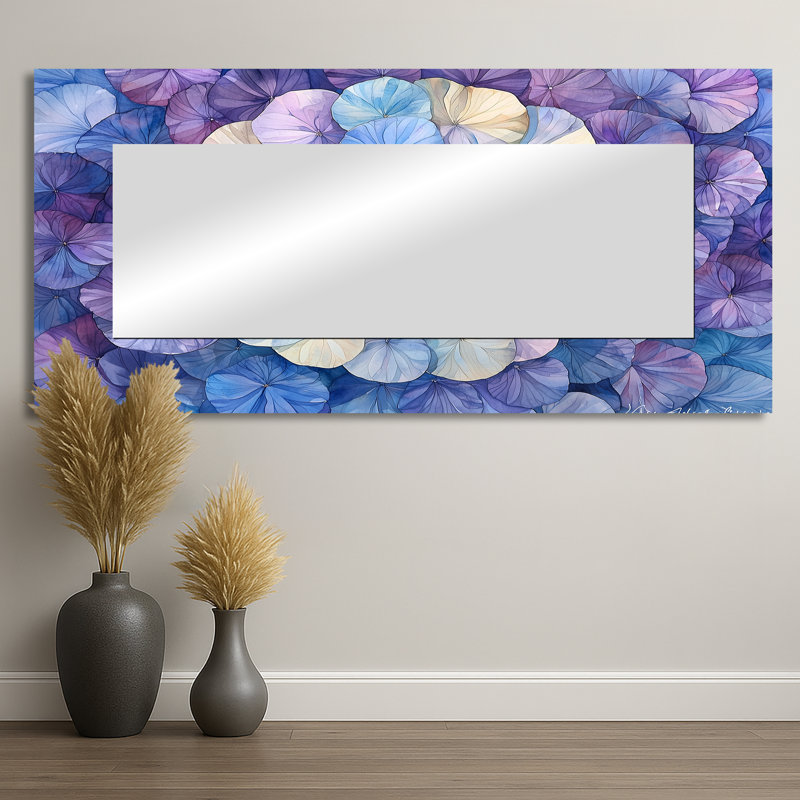 Hydrangea In Watercolor Mandella Of Purple Ink II - Floral Mirror Wall Decor - Printed On Metal, 28" x 60"
