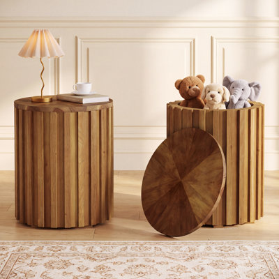 Round Cylinder Storage End Table, Fluted Solid Wood Accent Side Table with Sunburst Veneer Top, No Assembly