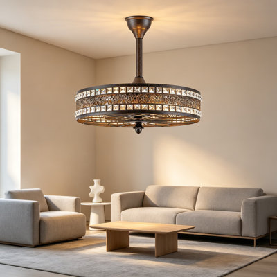 Chandelier Ceiling Fan with Light, 18 Inch Vintage Crystal Ceiling Fan, Caged Bladeless Enclosed Drum Pendant Fan with Remote, Art Deco Fandelier for Dining Room Bedroom Kitchen Island Entryway Antique Bronze