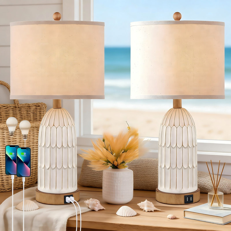 22" Coastal Touch Control Bedside Table Lamps with Dual USB Ports and Bulbs, Beige