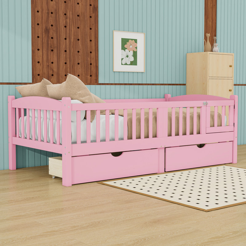 Lit plateforme avec garde-corps et tiroirs de rangement, Twin, Rose