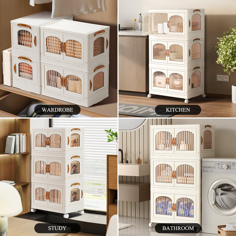 Inbox Zero 8.4 Gal Foldable Cabinet with 1 Lid Set 3 Tier,Clear Plastic Folding Storage Box with Wheel