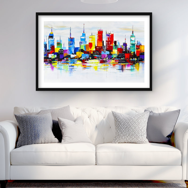 «Abstract and Colorful City - Modern Livingroom», reproduction encadrée