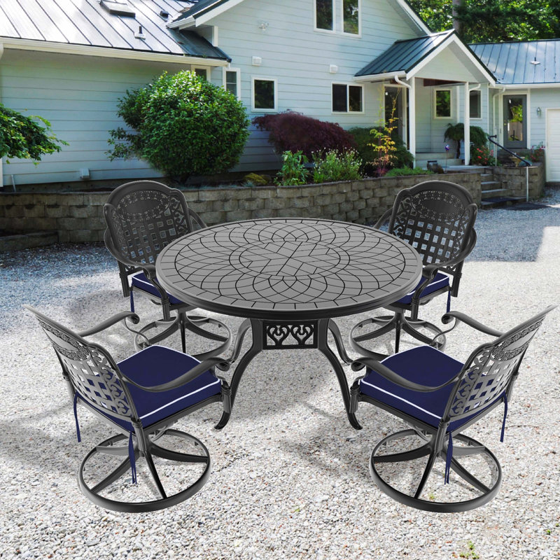 Ensemble de salle à manger 5 pièces en fonte d'aluminium avec structure noire, comprenant 4 chaises pivotantes et une table ronde de 47,24 pouces