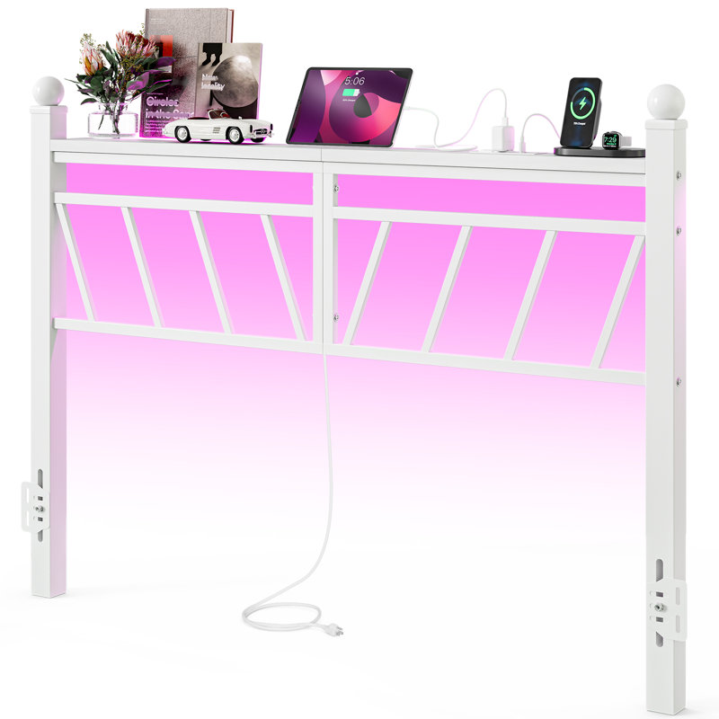  Metal Headboard For Queen Size Bed With Storage, 60,000 Diy Color Of Led Lights, Head Board With Charging Station, Modern Freestanding Headboard Only, Easy Assembly, White