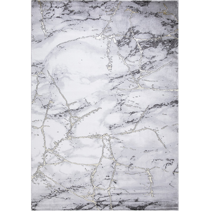 Gray Marble Abstract Synthetic Area Rug, 6'7" x 9'3"