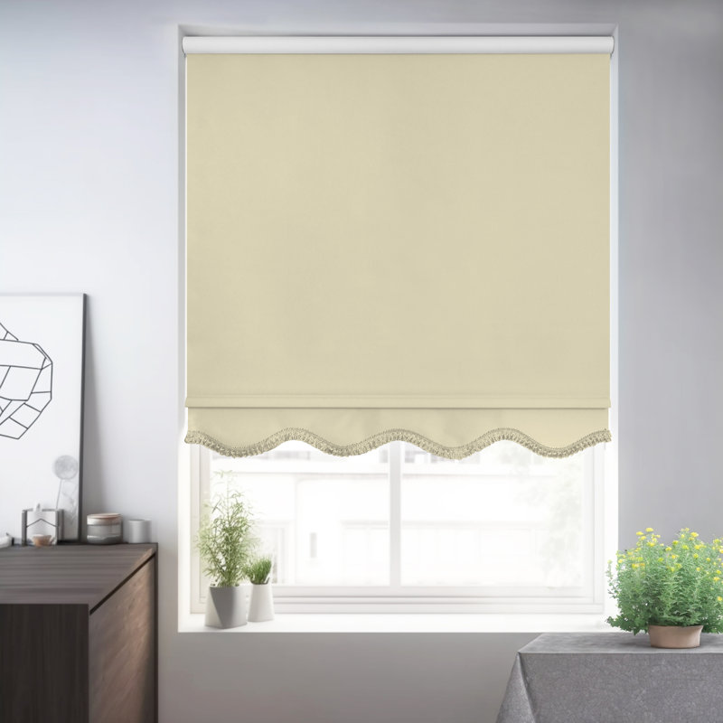Beaman Cordless Blackout Window Roller Shade, Cream Solid (Fringe), 21"W x 64"L