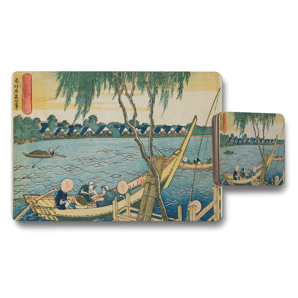 Placemat Coaster Set Ukiyoe Style River Scene With Boats And Willow Trees