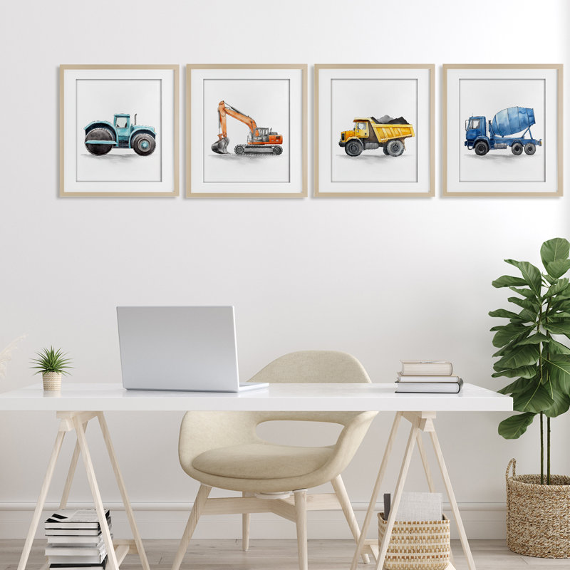 Ensemble de 4 pièces de travail sous camion sous-verre, par Christine Simpson Art, H 16 po x l 13 po, Cadre de récolte en pin