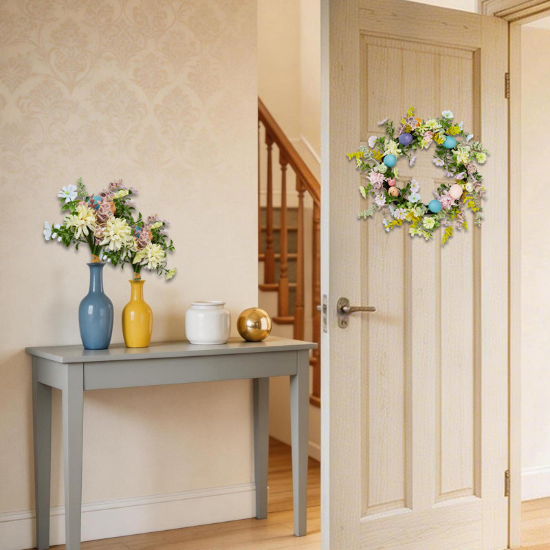 18 Inch Easter Egg Wreath, Spring Floral Greenery Rattan Front Door Wall Home Decor, 18 Inch