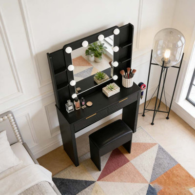 Makeup Vanity Desk with 10 Hollywood Bulbs, Fluted Dressing Table with Charging Station, 2 Drawers and 4 Open Shelves