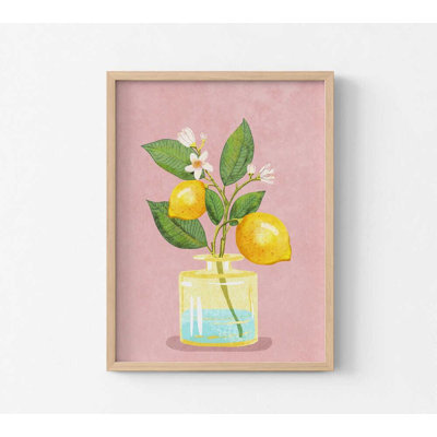 Reproduction d'art botanique citron - Illustration d'agrumes frais sur fond rose