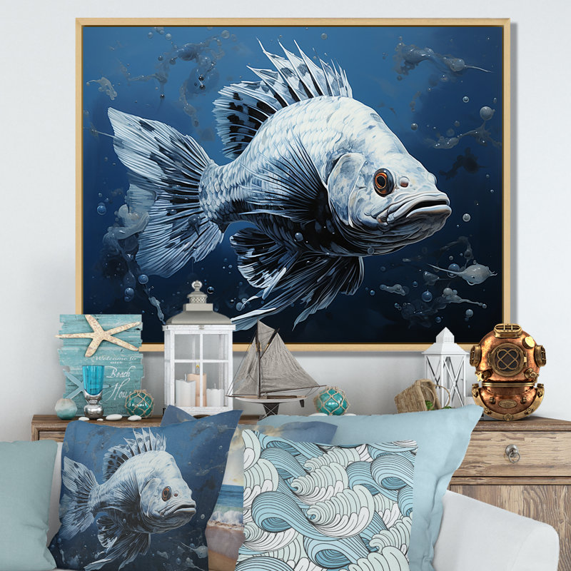 Fish In The Deep Blue  II - Fish Wall Art, 34" H x 44" W x 1.5" D, Natural Floater Framed