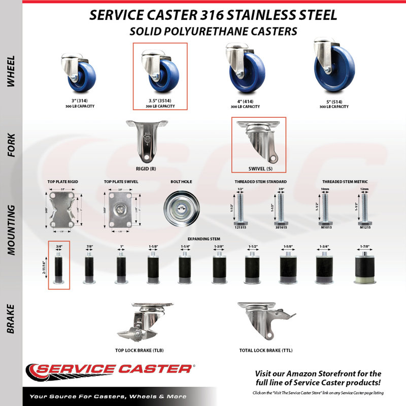 Ensemble de roulettes extensibles pivotantes en polyuréthane 316SS