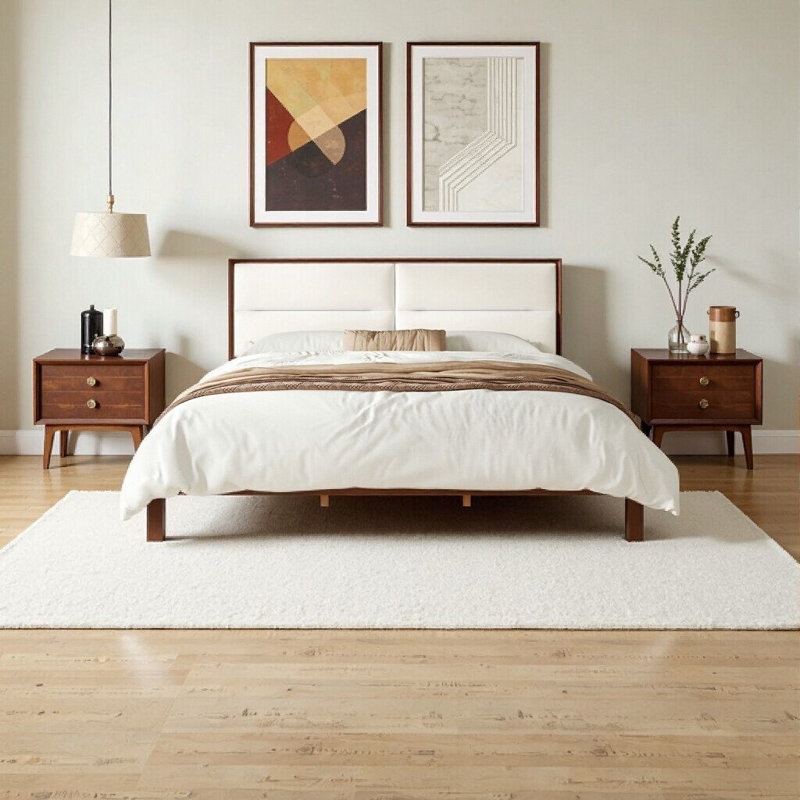 Lit plateforme élégant en bois massif très grand avec tête de lit en velours beige - noir, aucun sommier nécessaire, Espresso